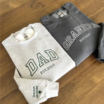 Custom Embroidered Sweatshirt, Name On Sleeve With Heart, Grandpa Shirt With Date, Daddy Est Year Shirt, Gift For New Dad, Father's Day Gift