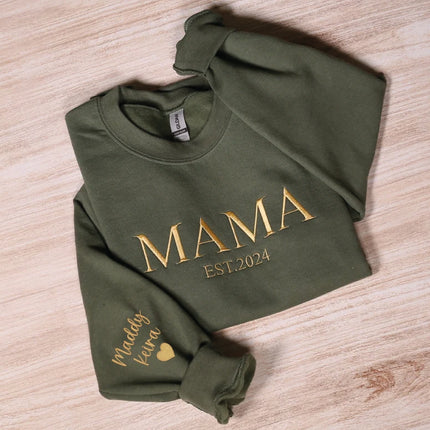Custom Mama Embroidered Sweatshirt, Personalized Mom Hoodie With Kids Names Sleeve, Pregnancy Reveal Outfit, Birthday Gift, Mothers Day Gift (Kopya)