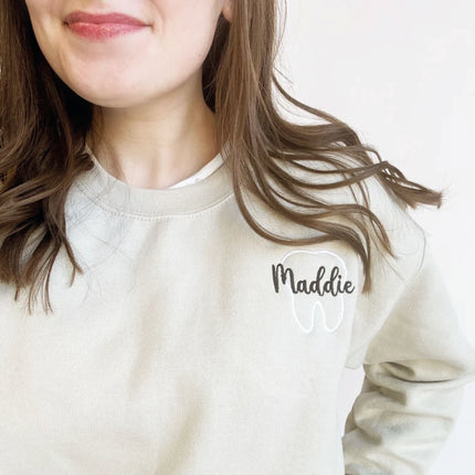 Personalized Outline Tooth Embroidered Gemma Sweatshirt | Perfect Gift for Dental Workers | Dental Student Gift | Dental Assistant Top
