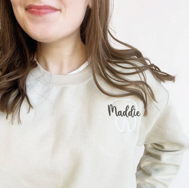Personalized Outline Tooth Embroidered Gemma Sweatshirt | Perfect Gift for Dental Workers | Dental Student Gift | Dental Assistant Top