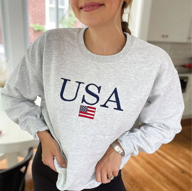 USA Embroidered Varsity Crewneck Sweatshirt, Cute Sweatshirt Summer 4th of July, Independence Day Red White and Blue United States America