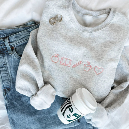 Embroidered Teacher Life Crewneck Sweatshirt with Cute Teacher Icons| Perfect Personalized Gift For Teachers Week | Teacher Life Top Gemma