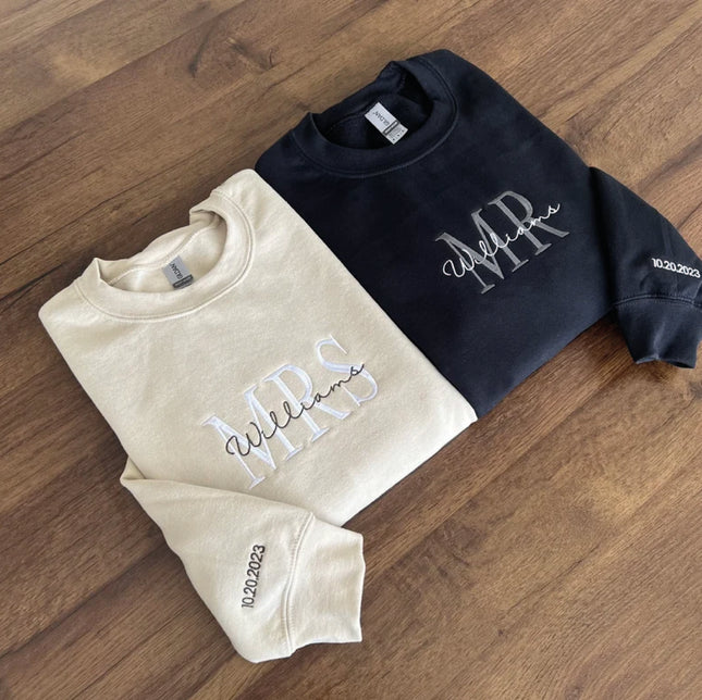 Custom Mrs. Embroidered Sweatshirt, Date On Sleeve, Hubby Wifey, Gift For Bride, Future Mrs. and Mr. Hoodie, Engagement Gift, Bride To Be