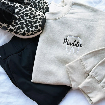 Personalized Outline Tooth Embroidered Gemma Sweatshirt | Perfect Gift for Dental Workers | Dental Student Gift | Dental Assistant Top