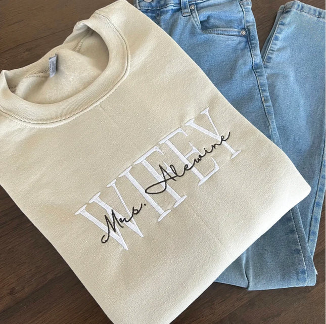 Custom Mrs. Embroidered Sweatshirt, Date On Sleeve, Hubby Wifey Shirt, Gift For Bride, Future Mrs Hoodie, Engagement Gift, Bride To Be