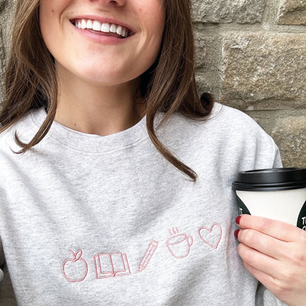 Embroidered Teacher Life Crewneck Sweatshirt with Cute Teacher Icons| Perfect Personalized Gift For Teachers Week | Teacher Life Top Gemma