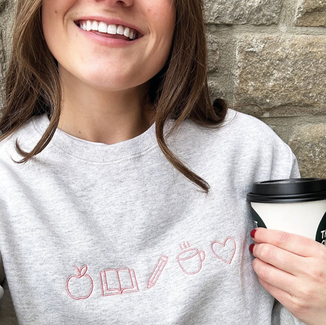Embroidered Teacher Life Crewneck Sweatshirt with Cute Teacher Icons| Perfect Personalized Gift For Teachers Week | Teacher Life Top Gemma