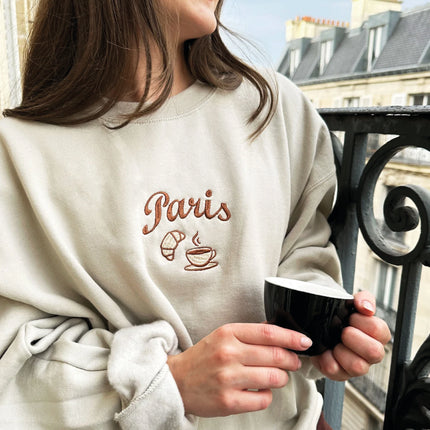 Embroidered Paris France Sweatshirt | French Croissant Sweatshirt | Souvenir Gift | Cappuccino Lover | Custom Embroidered Paris Sweatshirt