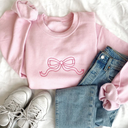 Cute Outline Bow Embroidered Gemma Sweatshirt | Dainty Bow Sweatshirt | Embroidered Ribbon Sweatshirt | Trendy Bow | Gift for Her