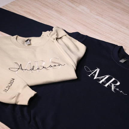 Custom Mr Mrs Embroidered Sweatshirt With Date On Sleeve, Personalized Wifey & Hubby Hoodie, Matching Couples Outfit, Bridal Shower Clothing