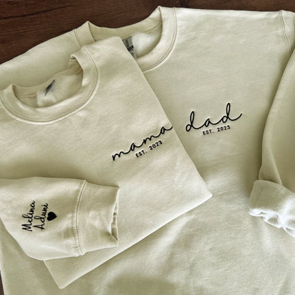 Dad Embroidered Sweatshirt, Custom Mama Shirt With Names, Heart On Sleeve, Daddy Est Year Hoodie, Gift For New Dad, Mother's Day Gift
