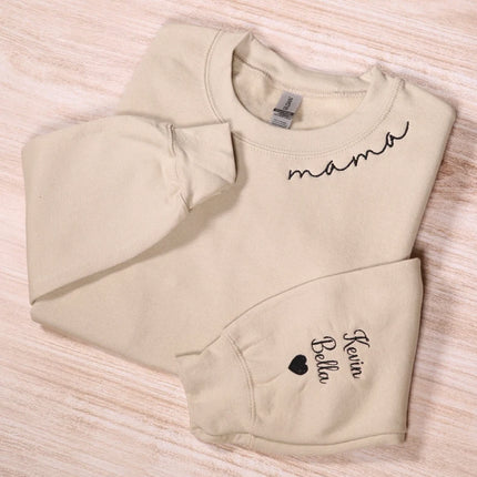 Custom Embroidered Mama Sweatshirt With Kids Names Sleeve, Personalized Mom Hoodie, Pregnancy Announcement Outfit, Mommy Mothers Day Gifts