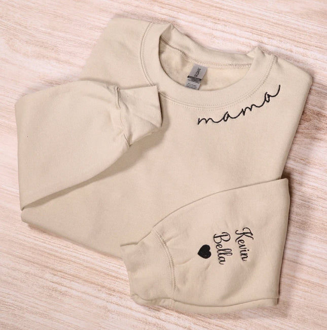 Custom Embroidered Mama Sweatshirt With Kids Names Sleeve, Personalized Mom Hoodie, Pregnancy Announcement Outfit, Mommy Mothers Day Gifts