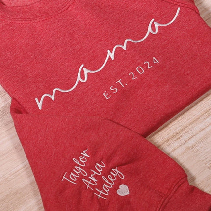 Custom Mama Embroidered Sweatshirt, Personalized Mom Hoodie With Kids Names Sleeve, Pregnancy Reveal Outfit, Birthday Gift, Mothers Day Gift