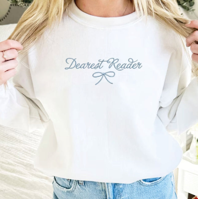 Dearest Reader Embroidered Gemma Crewneck Sweatshirt | Lady Whistledown Pullover Crew | Bridgerton Fan | Gift for Her | Bookish Gift