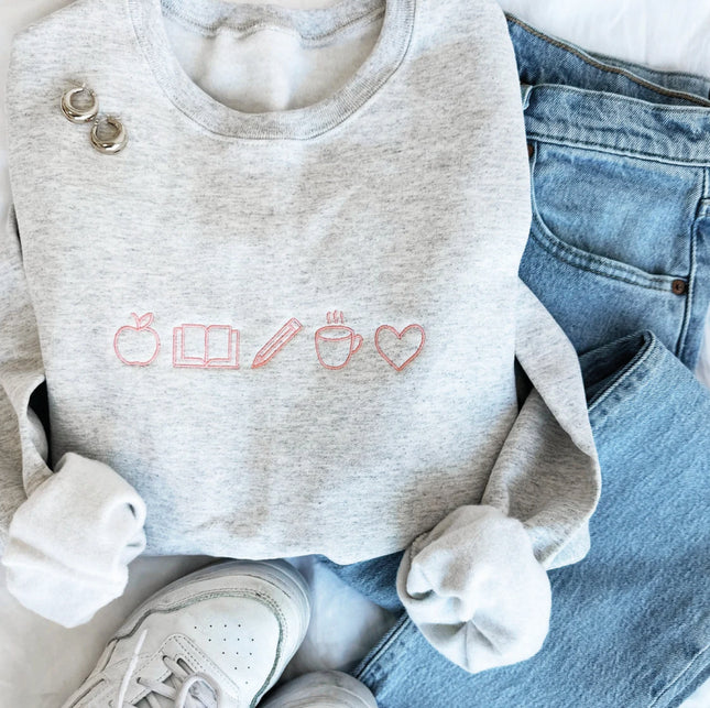 Embroidered Teacher Life Crewneck Sweatshirt with Cute Teacher Icons| Perfect Personalized Gift For Teachers Week | Teacher Life Top Gemma