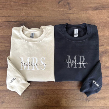 Custom Mrs. Embroidered Sweatshirt, Date On Sleeve, Hubby Wifey, Gift For Bride, Future Mrs. and Mr. Hoodie, Engagement Gift, Bride To Be
