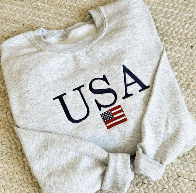 USA Embroidered Varsity Crewneck Sweatshirt, Cute Sweatshirt Summer 4th of July, Independence Day Red White and Blue United States America