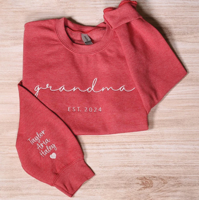 Custom Grandma Sweatshirt With Grandkids Names On Sleeve, Personalized Granny Hoodie, Gramma Outfit, Gigi Mimi Clothing, Mothers Day Gifts