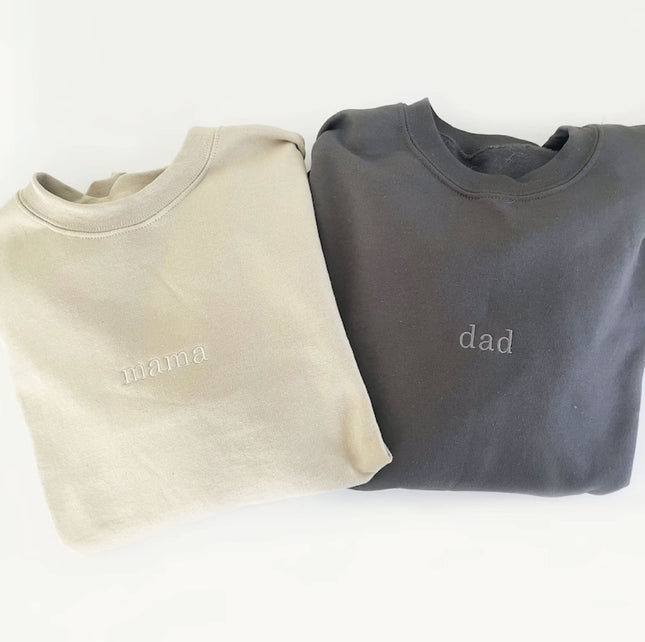 Minimal Embroidery Mama and Dad Custom Gemma Sweatshirt Set | Perfect Sweatshirts for New Parents