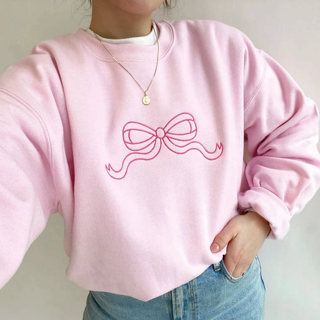 Cute Outline Bow Embroidered Gemma Sweatshirt | Dainty Bow Sweatshirt | Embroidered Ribbon Sweatshirt | Trendy Bow | Gift for Her