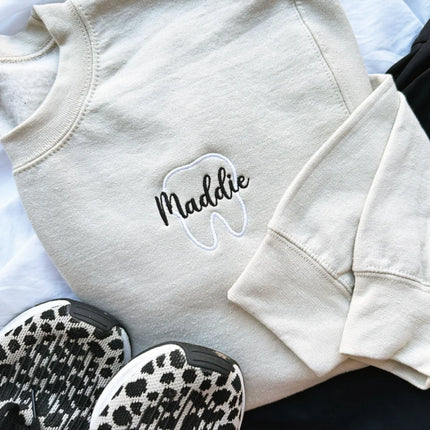 Personalized Outline Tooth Embroidered Gemma Sweatshirt | Perfect Gift for Dental Workers | Dental Student Gift | Dental Assistant Top