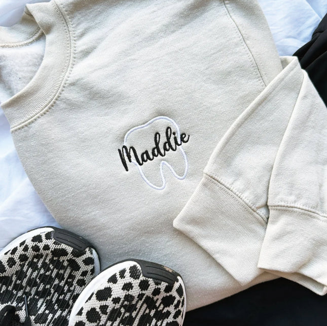 Personalized Outline Tooth Embroidered Gemma Sweatshirt | Perfect Gift for Dental Workers | Dental Student Gift | Dental Assistant Top