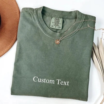 Custom Text Comfort Colors® Embroidered Shirt, Personalized Embroidered Minimalistic Your Text Tee, Personalized Varsity Embroidery Outfit