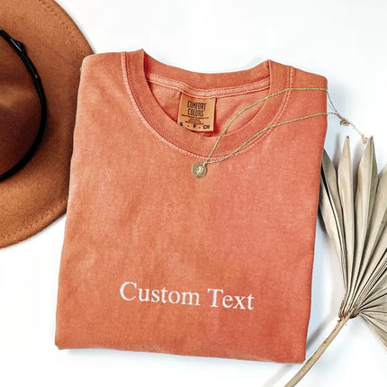 Custom Text Comfort Colors® Embroidered Shirt, Personalized Embroidered Minimalistic Your Text Tee, Personalized Varsity Embroidery Outfit
