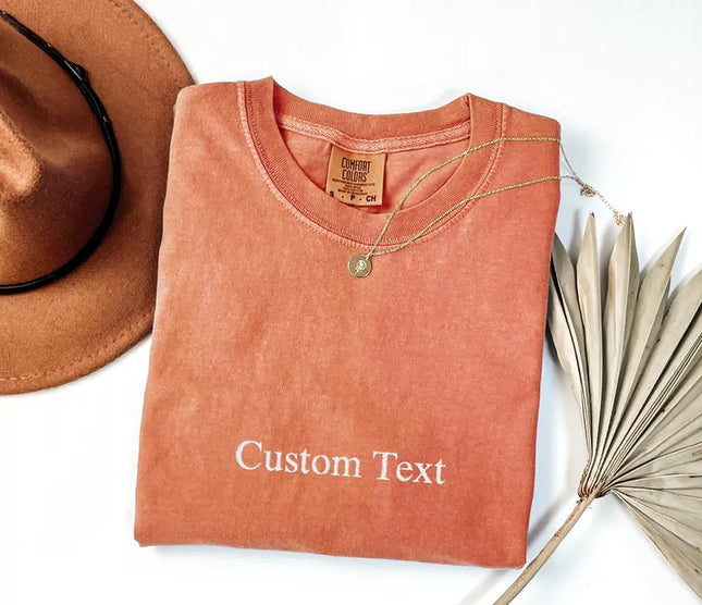 Custom Text Comfort Colors® Embroidered Shirt, Personalized Embroidered Minimalistic Your Text Tee, Personalized Varsity Embroidery Outfit