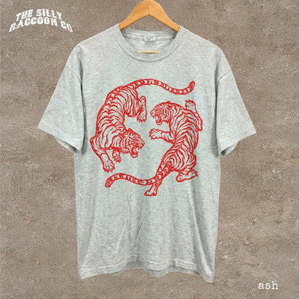 Premium Japanese Fighting Tigers Tee Vintage Tattoo Art Graphic Shirt Retro Tiger Lover Gift Unisex Top