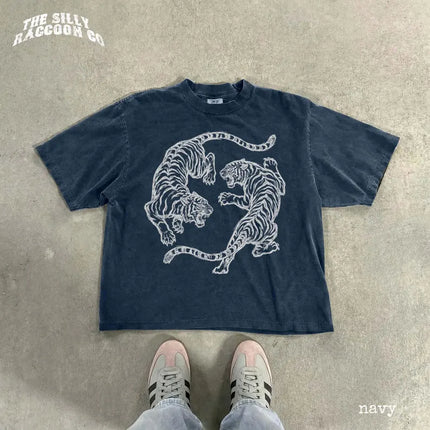 Premium Japanese Fighting Tigers Tee Vintage Tattoo Art Graphic Shirt Retro Tiger Lover Gift Unisex Top