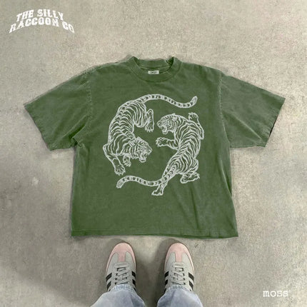 Premium Japanese Fighting Tigers Tee Vintage Tattoo Art Graphic Shirt Retro Tiger Lover Gift Unisex Top