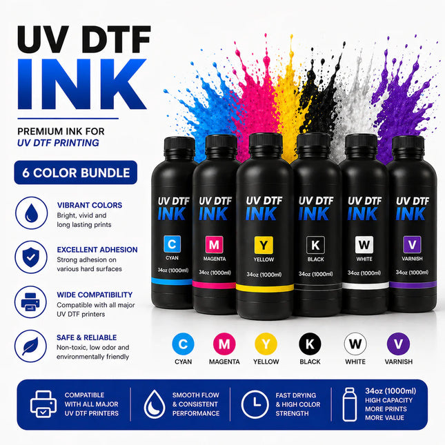 UV DTF Ink Bundle – CMYBk + White + Varnish (Complete Set)